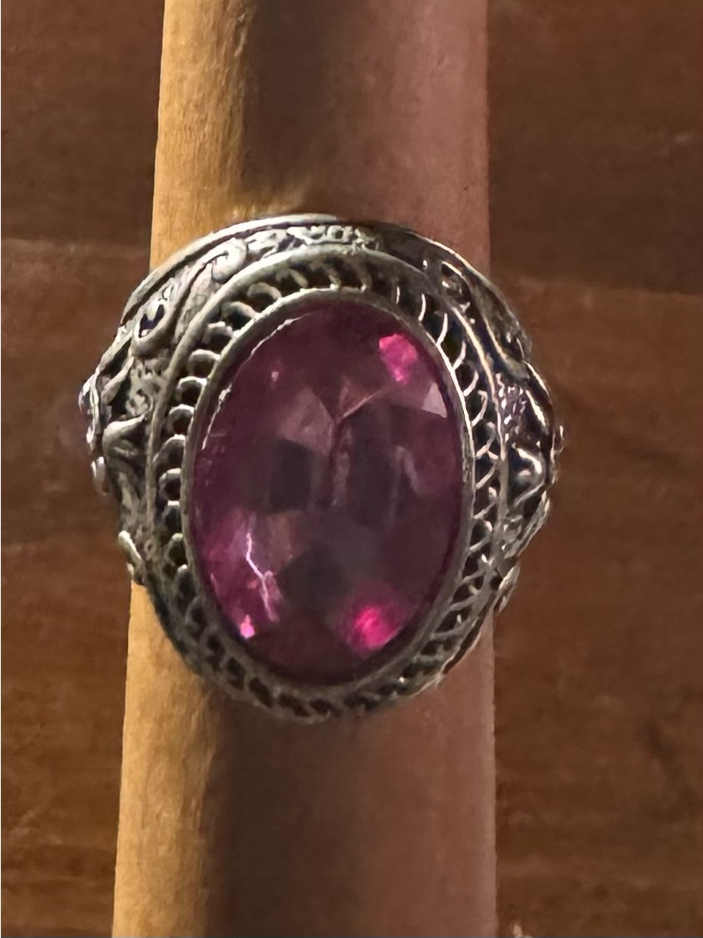Vintage-Inspired Silver Filigree Ring with Pink Gemstone